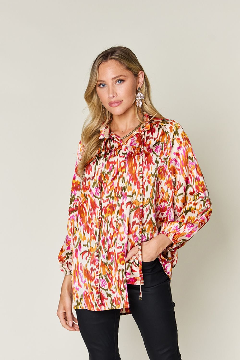 Double Take Full Size Printed Button Up Long Sleeve Shirt - S. M. & Co.