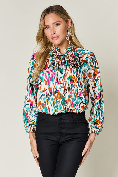 Double Take Full Size Printed Button Up Long Sleeve Shirt - S. M. & Co.