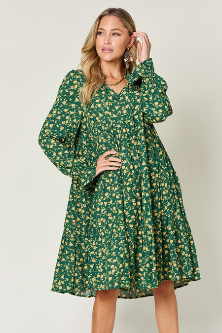 Double Take Full Size Printed Ruffle Hem Long Sleeve Dress - S. M. & Co. Tiered Dress