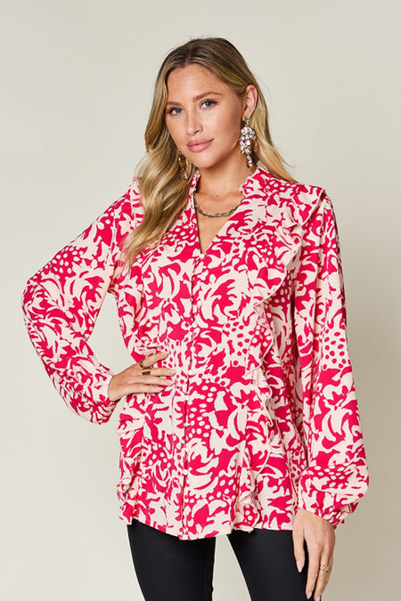 Double Take Full Size Printed Ruffle Trim Balloon Sleeve Shirt - S. M. & Co.