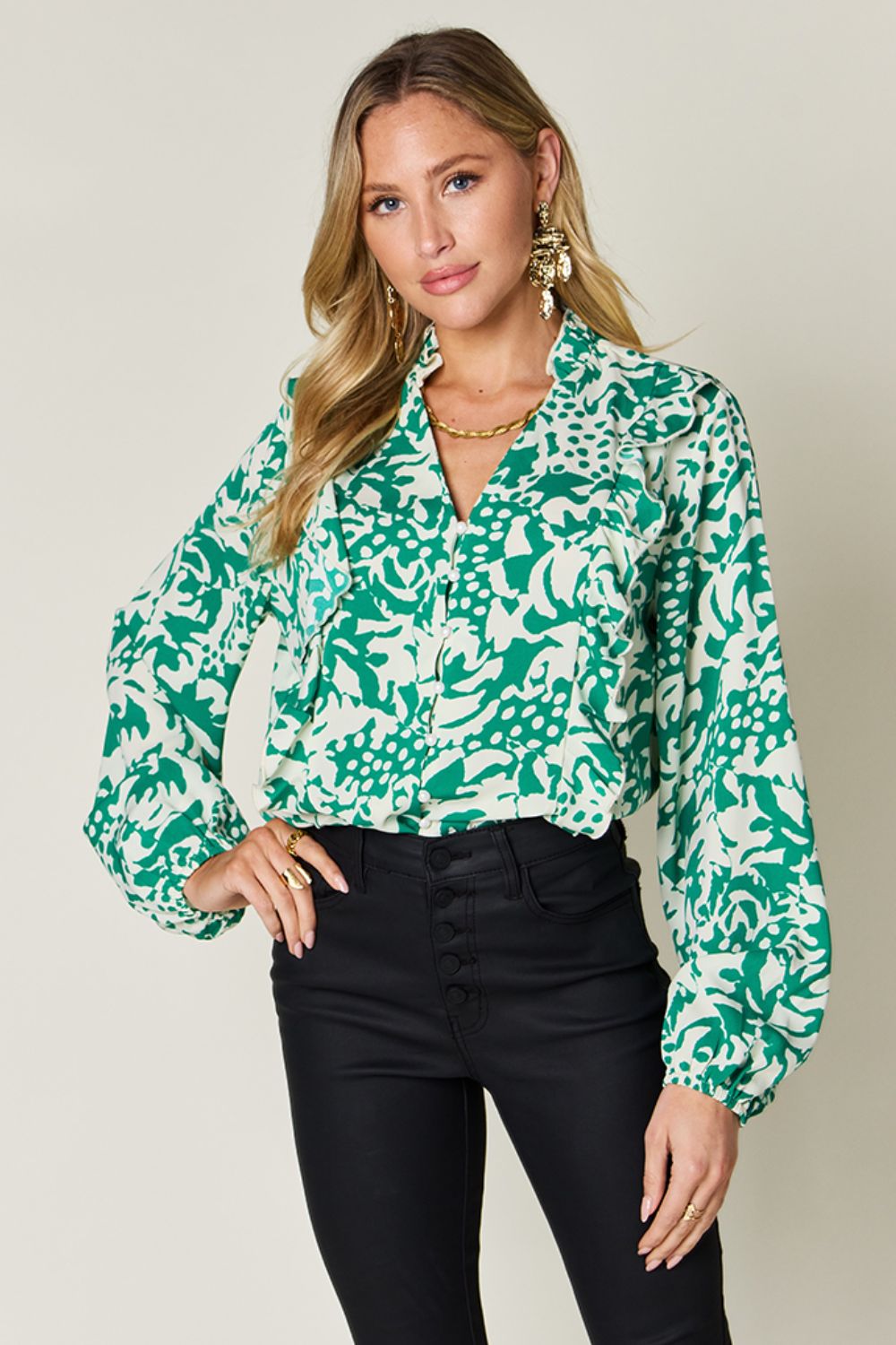 Double Take Full Size Printed Ruffle Trim Balloon Sleeve Shirt - S. M. & Co.