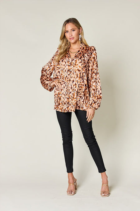 Double Take Full Size Printed Ruffle Trim Balloon Sleeve Shirt - S. M. & Co.