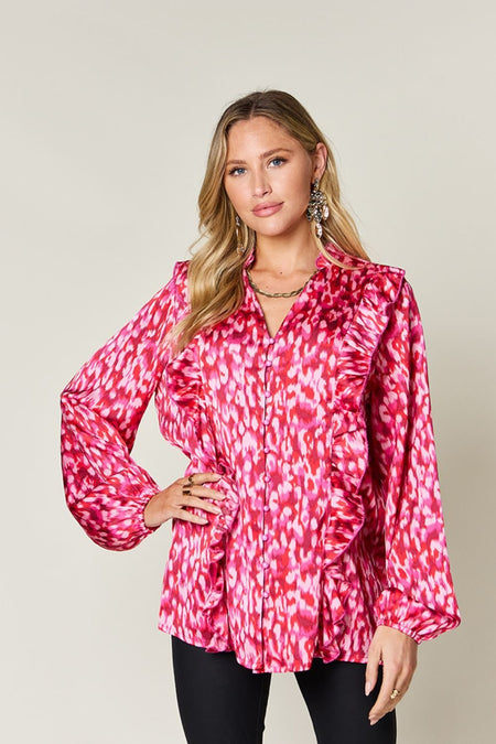 Double Take Full Size Printed Ruffle Trim Balloon Sleeve Shirt - S. M. & Co.