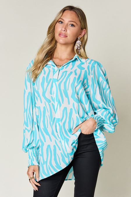 Double Take Full Size Printed Smocked Long Sleeve Blouse - S. M. & Co.