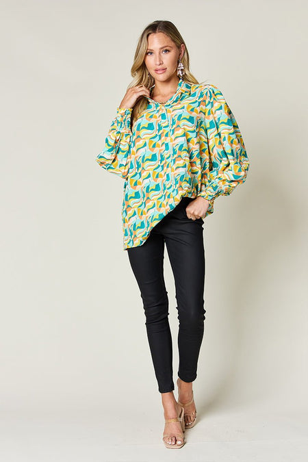 Double Take Full Size Printed Smocked Long Sleeve Blouse - S. M. & Co.