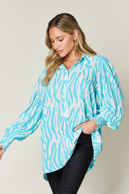 Double Take Full Size Printed Smocked Long Sleeve Blouse - S. M. & Co.