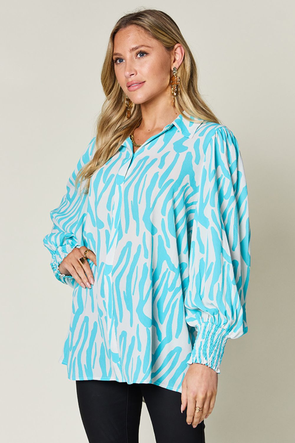 Double Take Full Size Printed Smocked Long Sleeve Blouse - S. M. & Co.