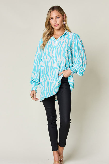 Double Take Full Size Printed Smocked Long Sleeve Blouse - S. M. & Co.