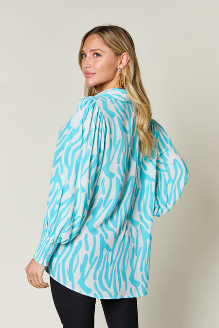 Double Take Full Size Printed Smocked Long Sleeve Blouse - S. M. & Co.