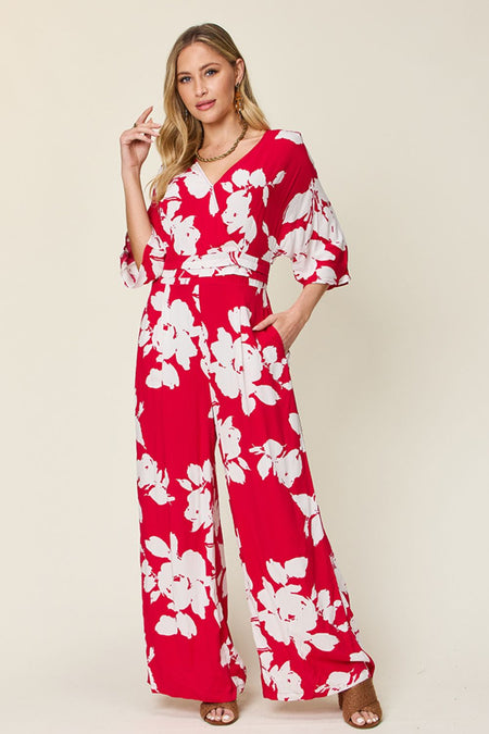 Double Take Full Size Printed Tie Back Wide Leg Jumpsuit - S. M. & Co. Jumpsuit