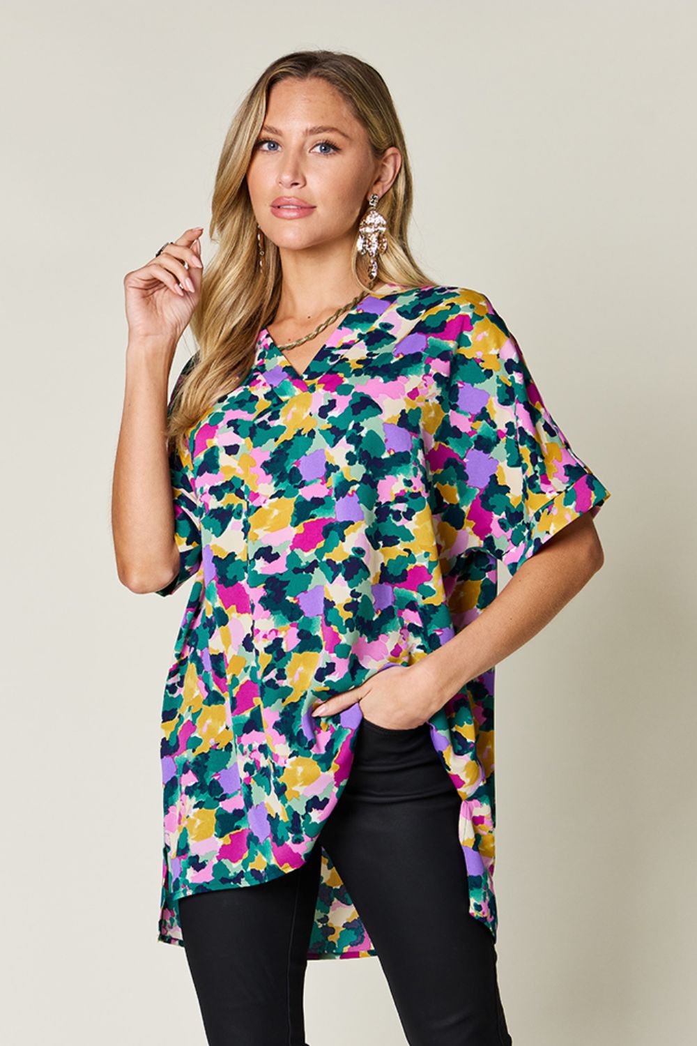 Double Take Full Size Printed V-Neck Short Sleeve Blouse - S. M. & Co. Shirts & Tops