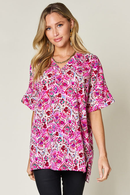 Double Take Full Size Printed V-Neck Short Sleeve Blouse - S. M. & Co. Shirts & Tops