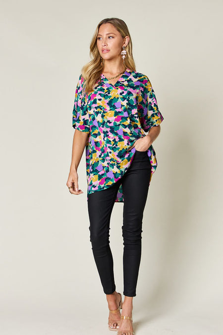 Double Take Full Size Printed V-Neck Short Sleeve Blouse - S. M. & Co. Shirts & Tops