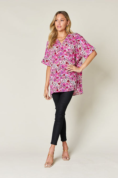 Double Take Full Size Printed V-Neck Short Sleeve Blouse - S. M. & Co. Shirts & Tops