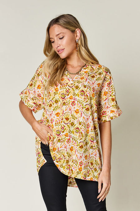 Double Take Full Size Printed V-Neck Short Sleeve Blouse - S. M. & Co. Shirts & Tops