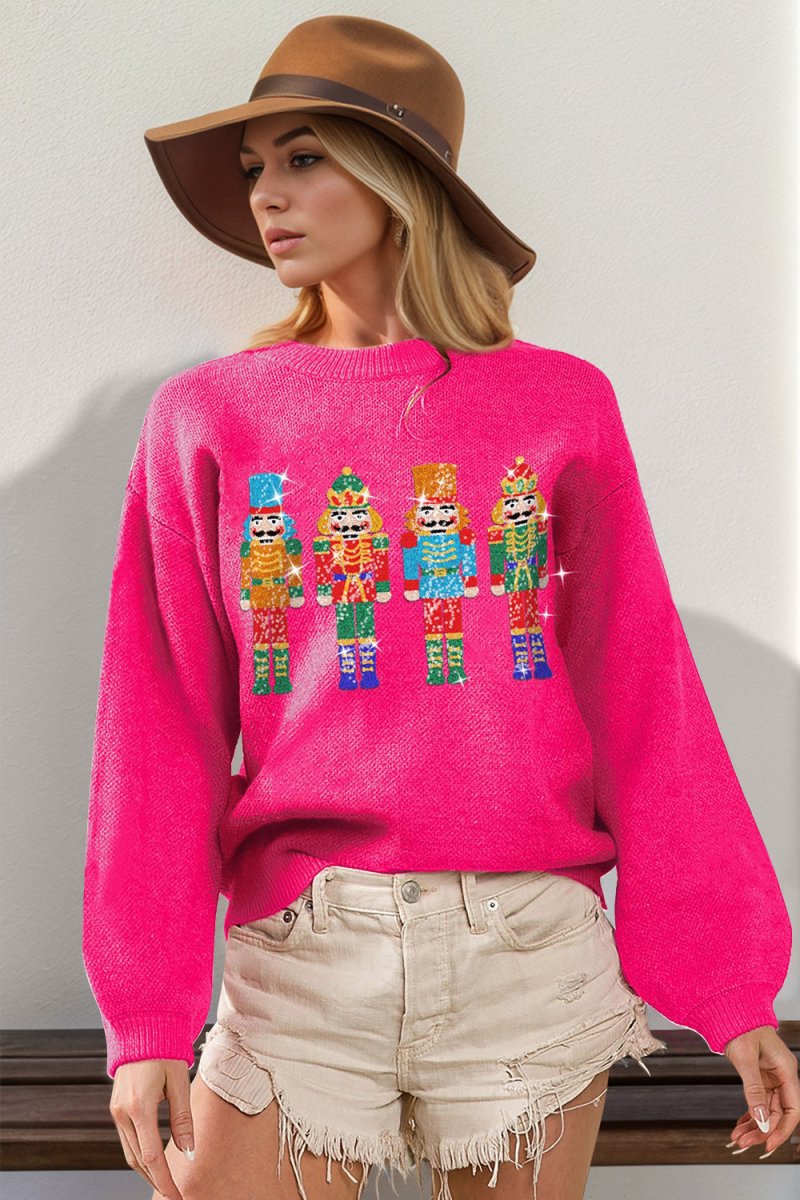 Double Take Full Size Sequin Nutcracker Long Sleeve Sweater - S. M. & Co.