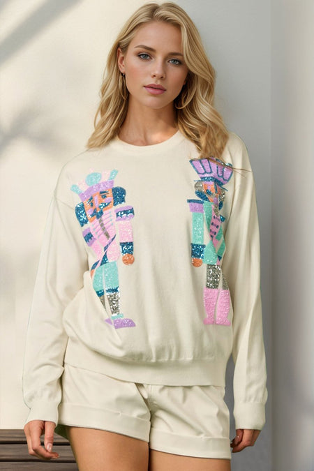 Double Take Full Size Sequin Nutcracker Long Sleeve Sweater - S. M. & Co.