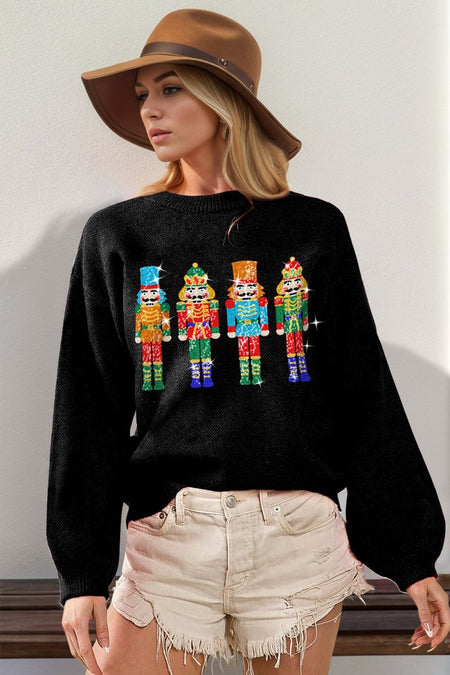 Double Take Full Size Sequin Nutcracker Long Sleeve Sweater - S. M. & Co.