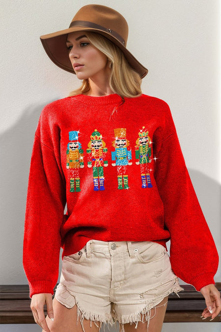 Double Take Full Size Sequin Nutcracker Long Sleeve Sweater - S. M. & Co.