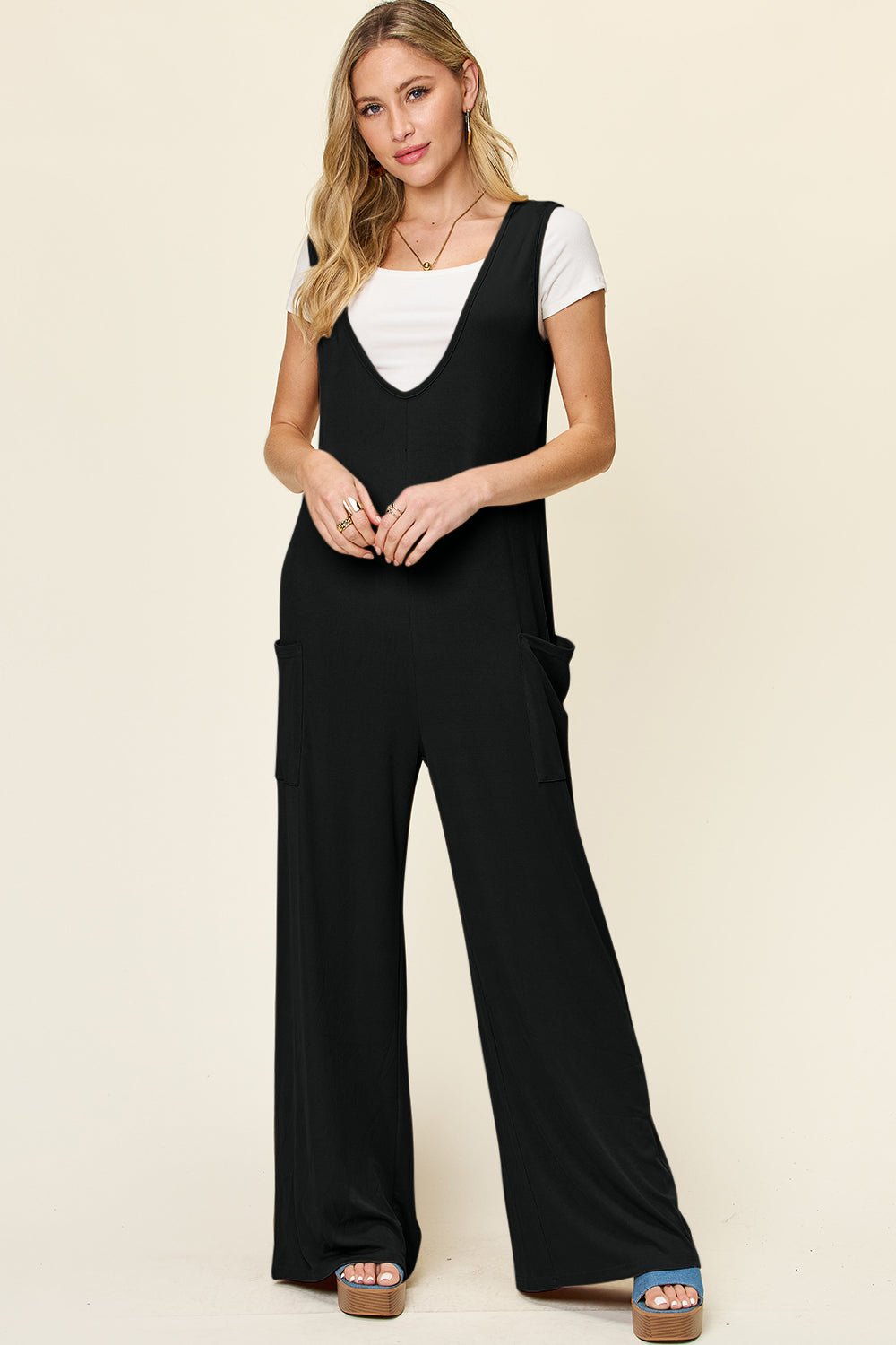 Double Take Full Size Sleeveless Wide Leg Jumpsuit with Pockets - S. M. & Co. Jumpsuit