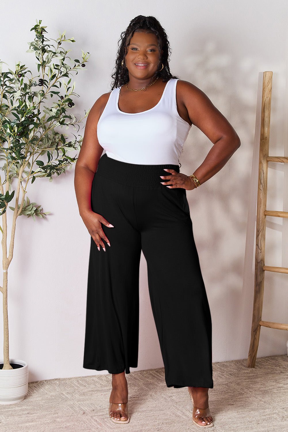 Double Take Full Size Smocked Wide Waistband Wide Leg Pants - S. M. & Co. Wide Leg Pants