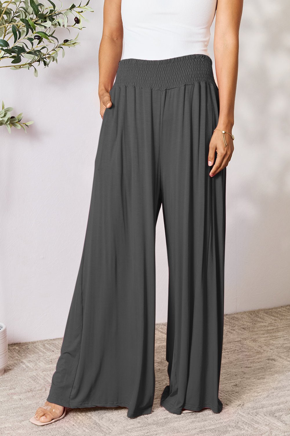 Double Take Full Size Smocked Wide Waistband Wide Leg Pants - S. M. & Co. Wide Leg Pants