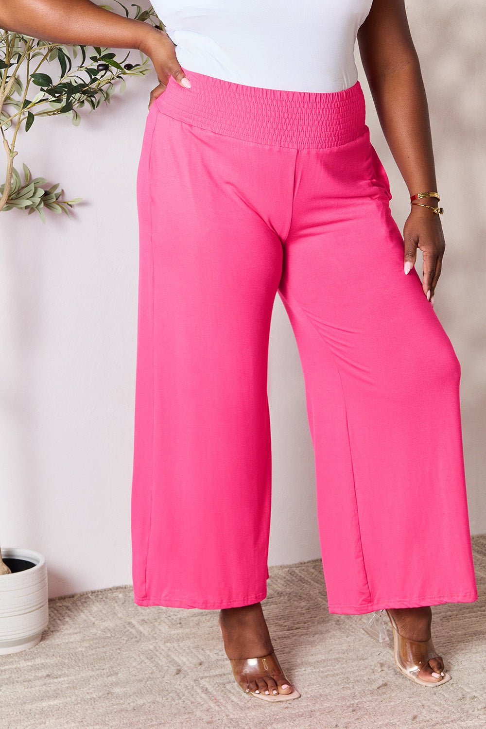 Double Take Full Size Smocked Wide Waistband Wide Leg Pants - S. M. & Co. Wide Leg Pants