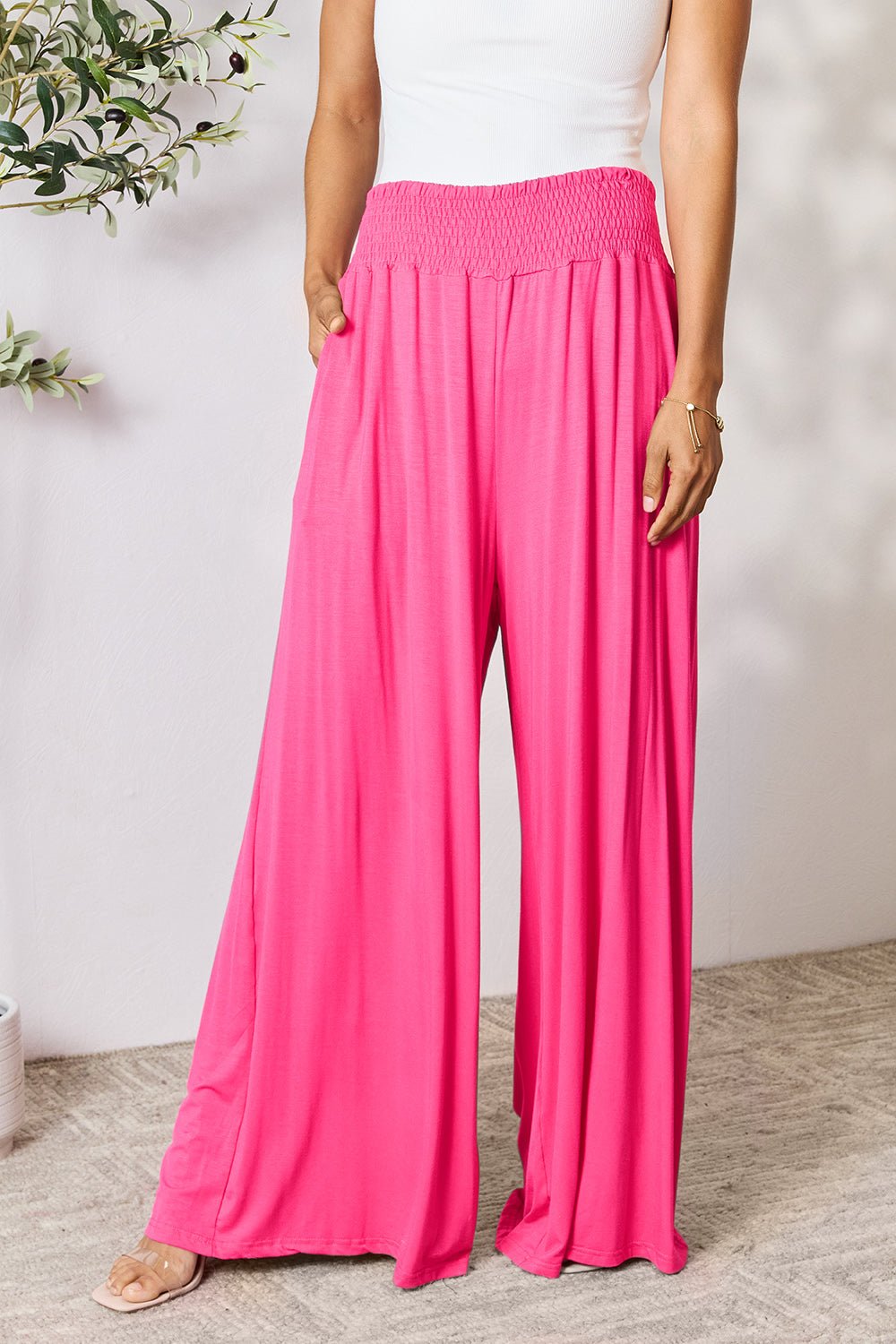 Double Take Full Size Smocked Wide Waistband Wide Leg Pants - S. M. & Co. Wide Leg Pants