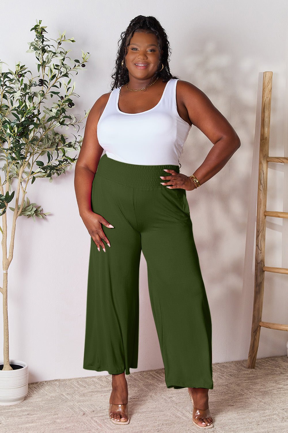 Double Take Full Size Smocked Wide Waistband Wide Leg Pants - S. M. & Co. Wide Leg Pants