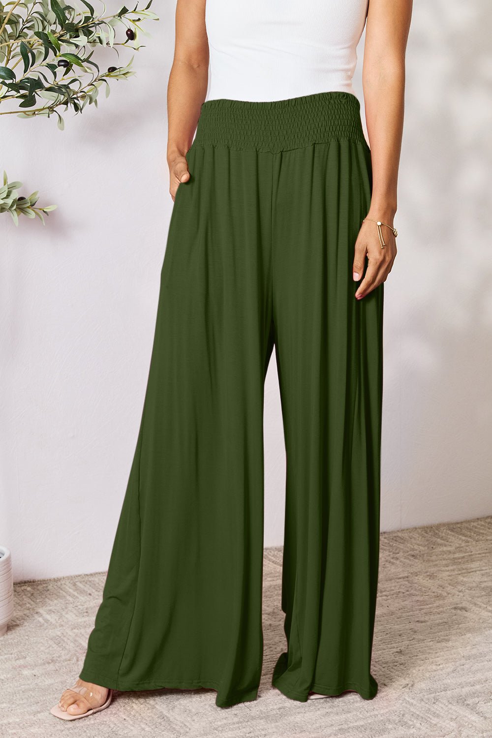 Double Take Full Size Smocked Wide Waistband Wide Leg Pants - S. M. & Co. Wide Leg Pants