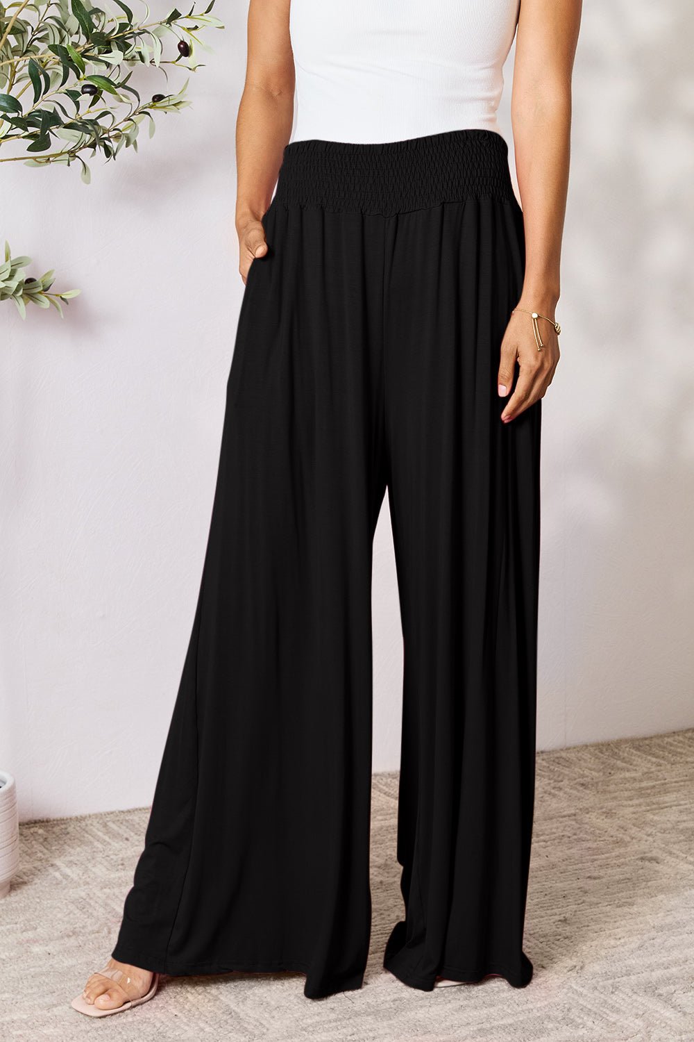 Double Take Full Size Smocked Wide Waistband Wide Leg Pants - S. M. & Co. Wide Leg Pants