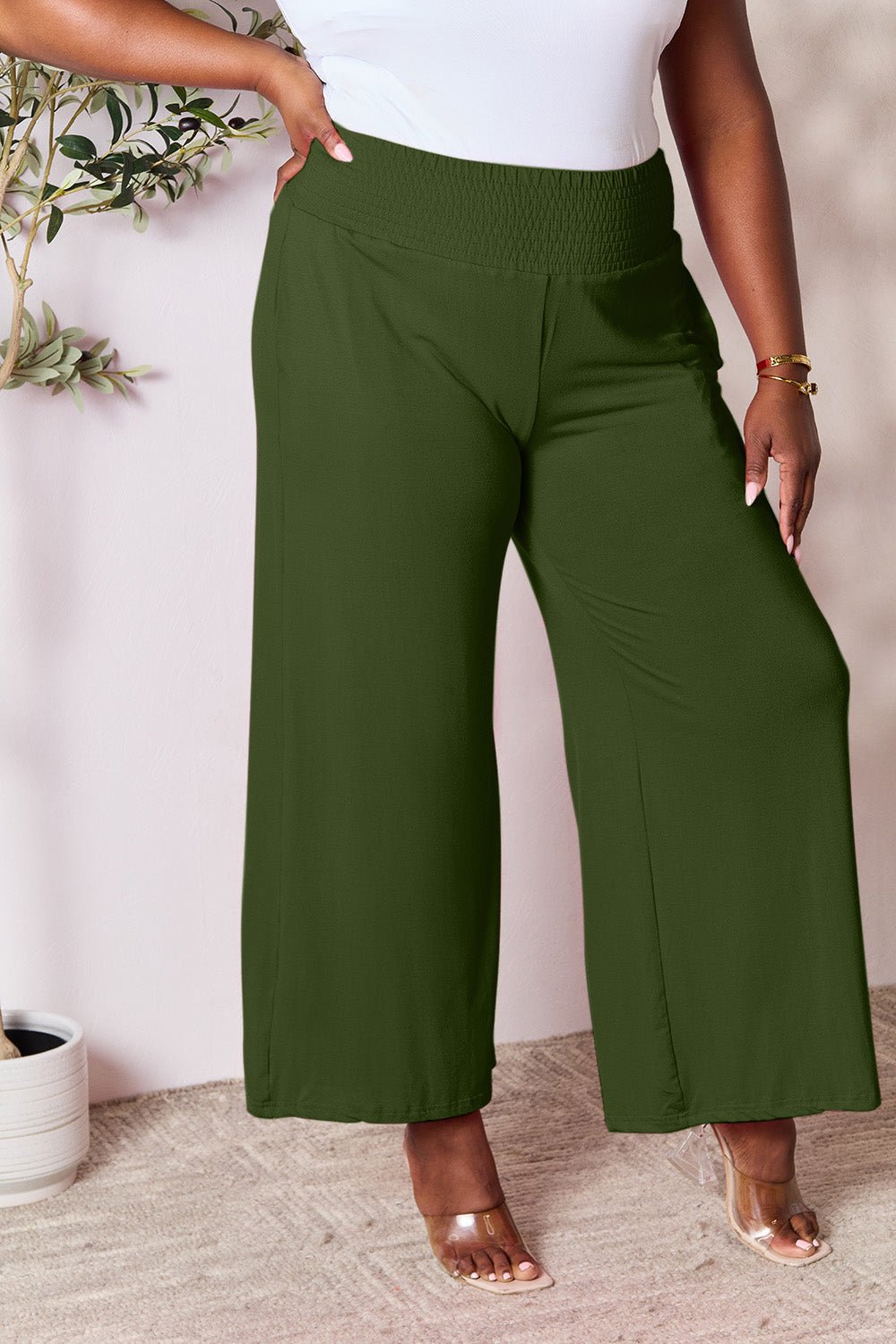 Double Take Full Size Smocked Wide Waistband Wide Leg Pants - S. M. & Co. Wide Leg Pants