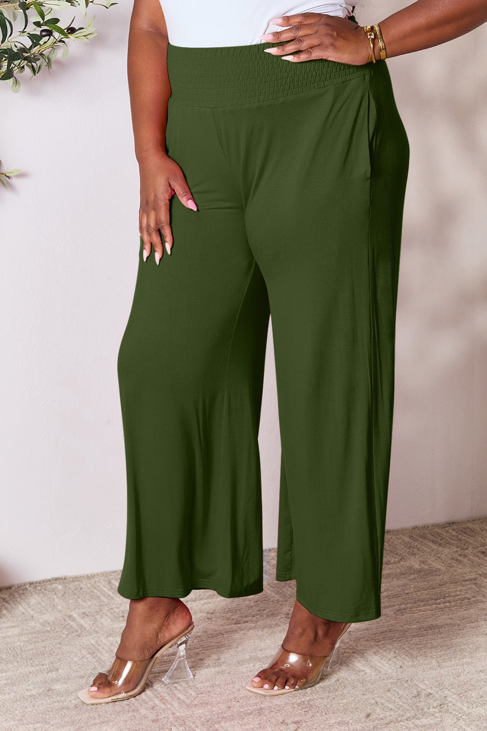 Double Take Full Size Smocked Wide Waistband Wide Leg Pants - S. M. & Co. Wide Leg Pants