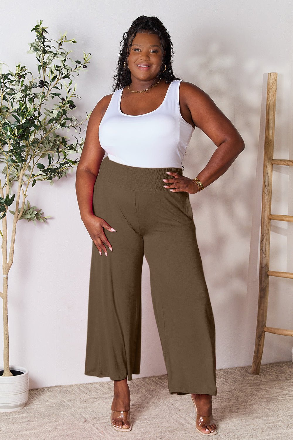 Double Take Full Size Smocked Wide Waistband Wide Leg Pants - S. M. & Co. Wide Leg Pants