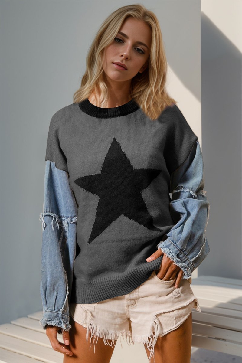 Double Take Full Size Star Pattern Raw Edge Long Sleeve Sweater - S. M. & Co.