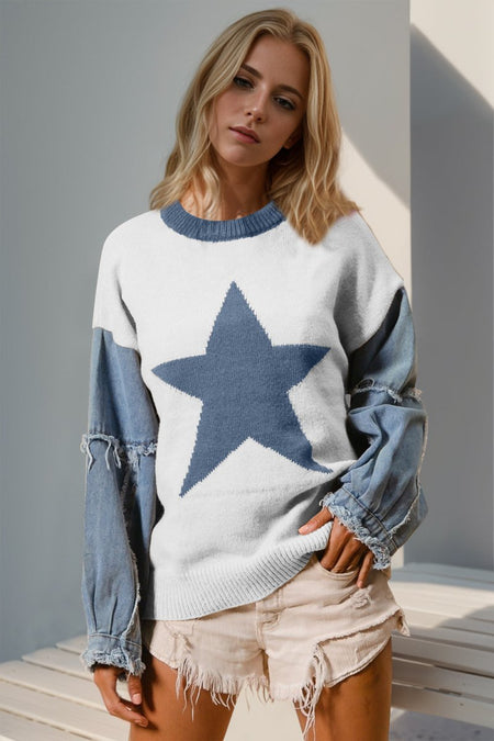 Double Take Full Size Star Pattern Raw Edge Long Sleeve Sweater - S. M. & Co.