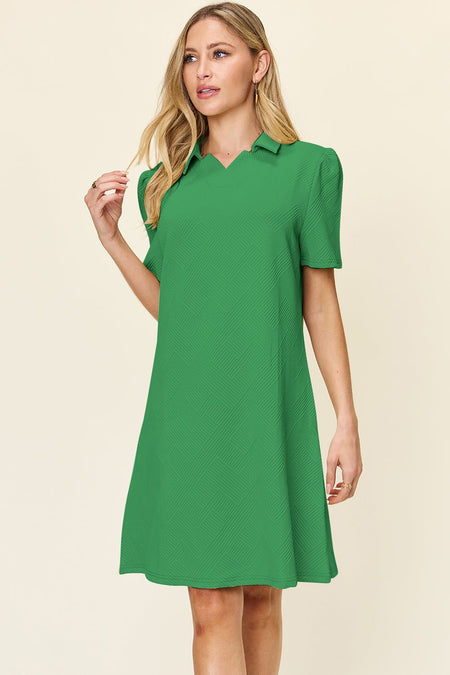 Double Take Full Size Texture Collared Neck Short Sleeve Dress - S. M. & Co. Dresses