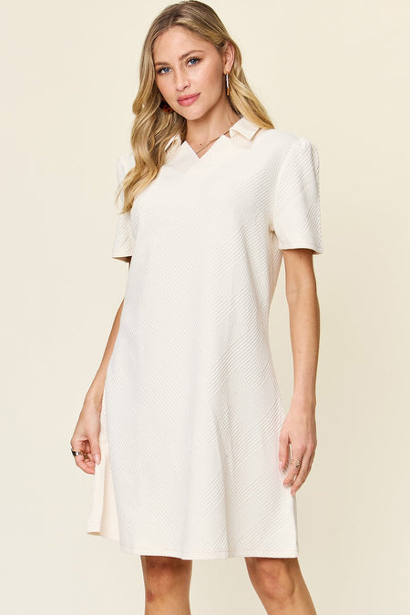 Double Take Full Size Texture Collared Neck Short Sleeve Dress - S. M. & Co. Dresses