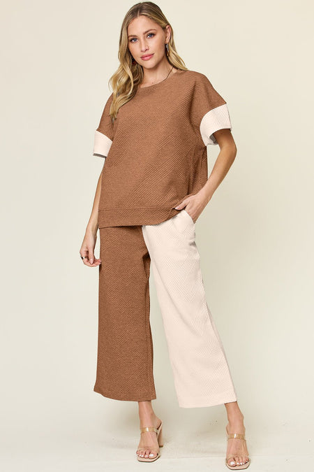 Double Take Full Size Texture Contrast T-Shirt and Wide Leg Pants Set - S. M. & Co. Two Piece Sets/Tops & Bottoms