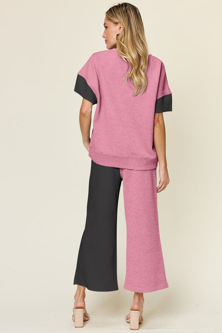 Double Take Full Size Texture Contrast T-Shirt and Wide Leg Pants Set - S. M. & Co. Two Piece Sets/Tops & Bottoms