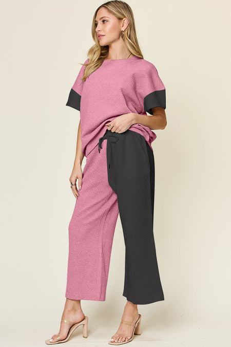 Double Take Full Size Texture Contrast T-Shirt and Wide Leg Pants Set - S. M. & Co. Two Piece Sets/Tops & Bottoms