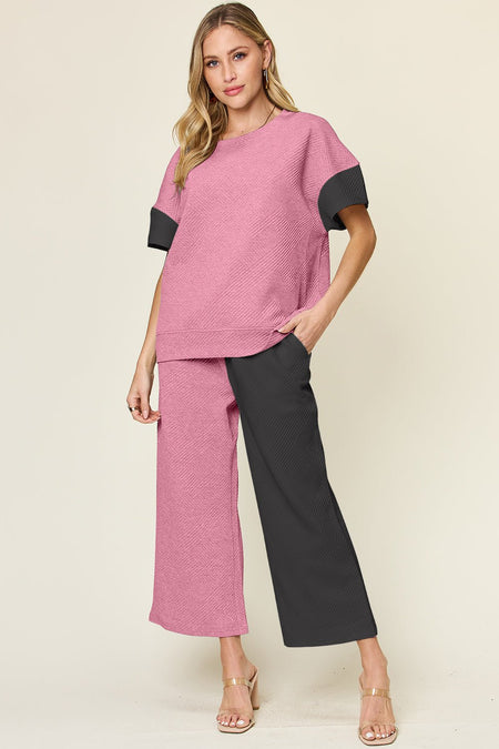 Double Take Full Size Texture Contrast T-Shirt and Wide Leg Pants Set - S. M. & Co. Two Piece Sets/Tops & Bottoms