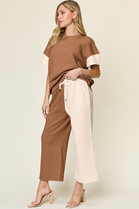 Double Take Full Size Texture Contrast T-Shirt and Wide Leg Pants Set - S. M. & Co. Two Piece Sets/Tops & Bottoms