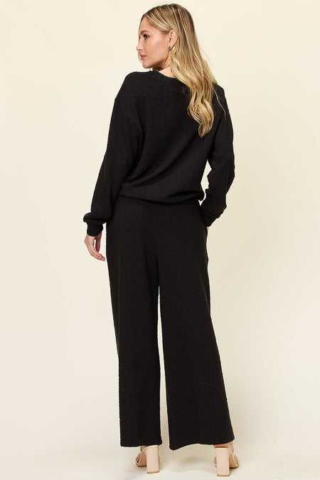 Double Take Full Size Texture Long Sleeve Top and Pants Set - S. M. & Co. Two Piece Sets/Tops & Bottoms