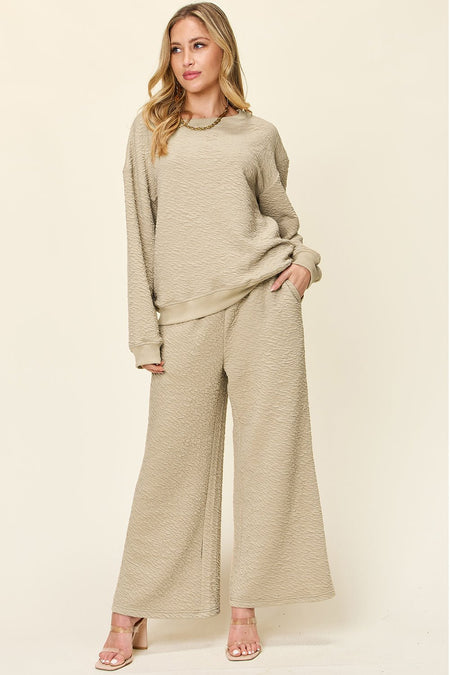 Double Take Full Size Texture Long Sleeve Top and Pants Set - S. M. & Co. Two Piece Sets/Tops & Bottoms