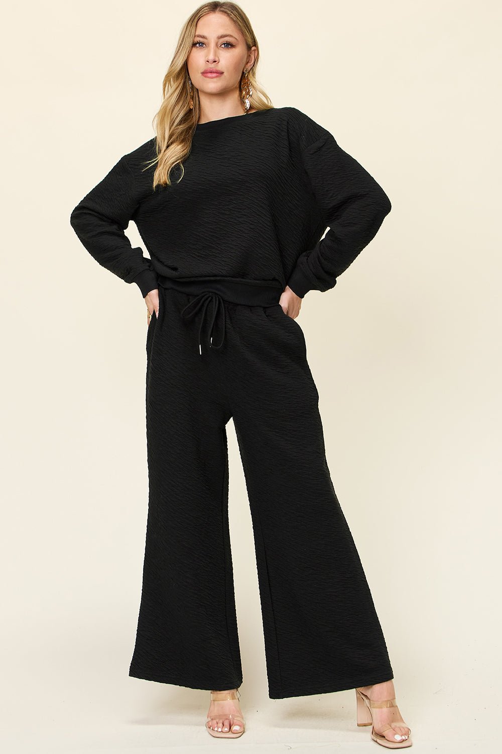 Double Take Full Size Texture Long Sleeve Top and Pants Set - S. M. & Co. Two Piece Sets/Tops & Bottoms