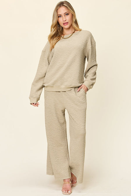 Double Take Full Size Texture Long Sleeve Top and Pants Set - S. M. & Co. Two Piece Sets/Tops & Bottoms