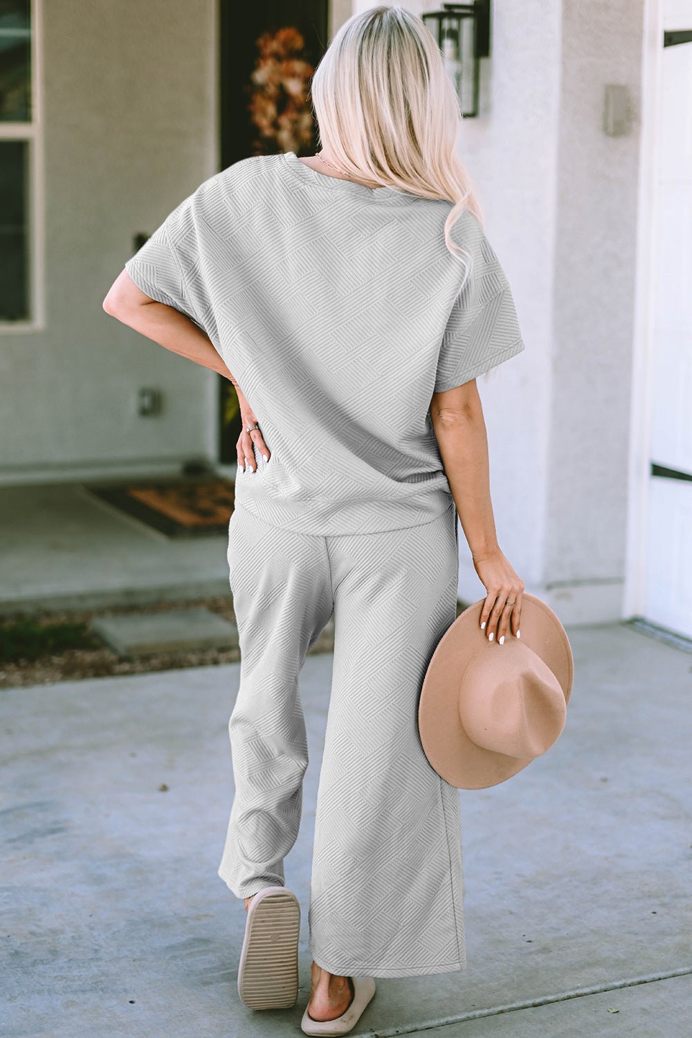 Double Take Full Size Texture Short Sleeve Top and Pants Set - S. M. & Co. Two Piece Sets/Tops & Bottoms