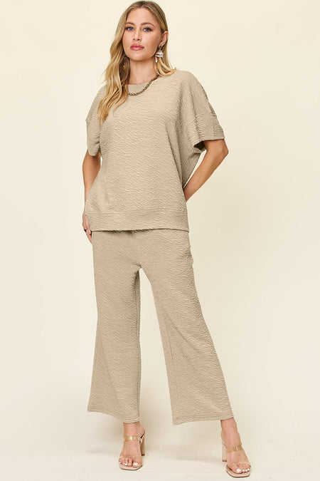 Double Take Full Size Texture Short Sleeve Top and Pants Set - S. M. & Co. Two Piece Sets/Tops & Bottoms