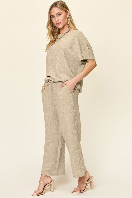 Double Take Full Size Texture Short Sleeve Top and Pants Set - S. M. & Co. Two Piece Sets/Tops & Bottoms